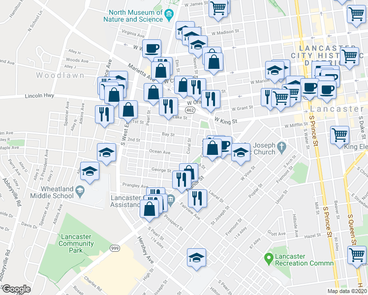 map of restaurants, bars, coffee shops, grocery stores, and more near 610 2nd Street in Lancaster