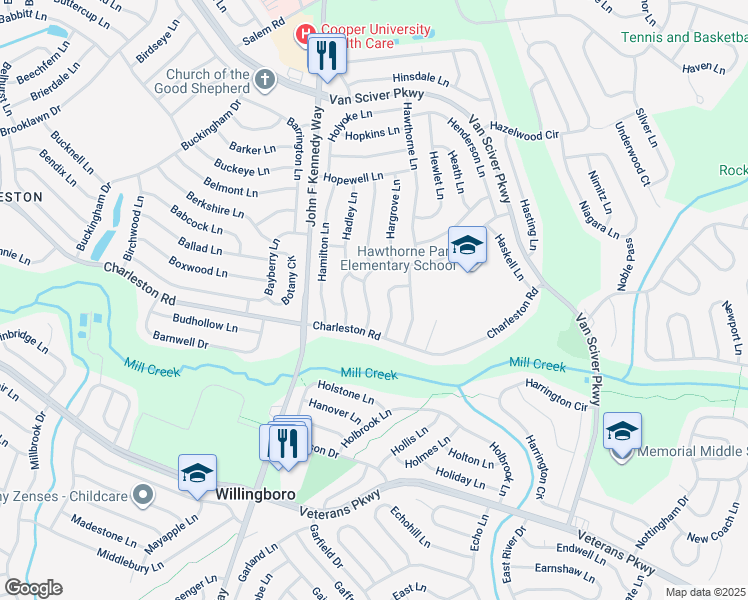 map of restaurants, bars, coffee shops, grocery stores, and more near 16 Hampshire Lane in Willingboro