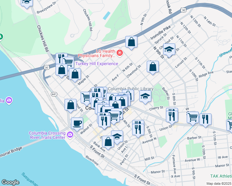 map of restaurants, bars, coffee shops, grocery stores, and more near 128 North 5th Street in Columbia