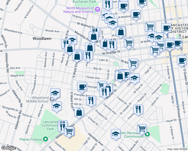 map of restaurants, bars, coffee shops, grocery stores, and more near 26 Ocean Avenue in Lancaster