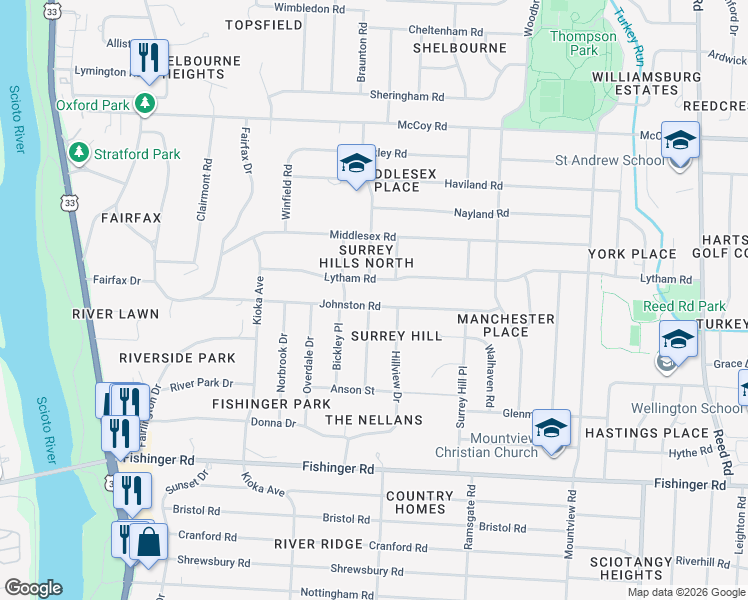 map of restaurants, bars, coffee shops, grocery stores, and more near 2387 Johnston Road in Columbus