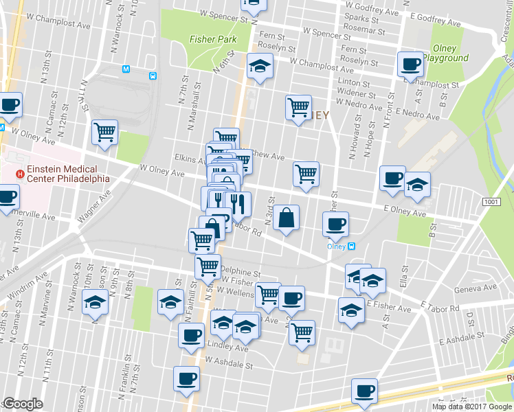 map of restaurants, bars, coffee shops, grocery stores, and more near 5523 North 4th Street in Philadelphia