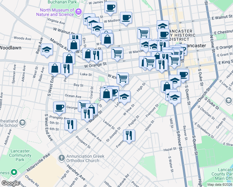 map of restaurants, bars, coffee shops, grocery stores, and more near in Lancaster