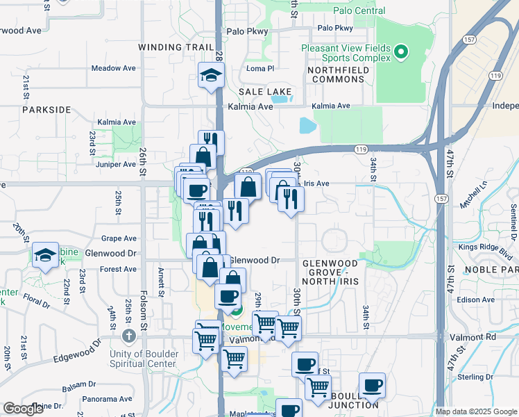 map of restaurants, bars, coffee shops, grocery stores, and more near 2850 Iris Avenue in Boulder