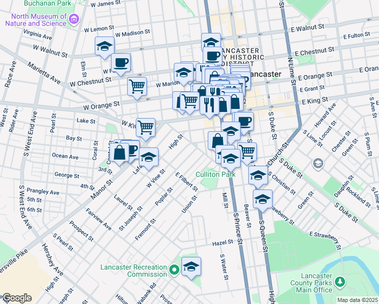 map of restaurants, bars, coffee shops, grocery stores, and more near 419 Saint Joseph Street in Lancaster