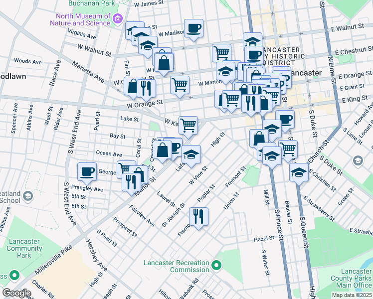map of restaurants, bars, coffee shops, grocery stores, and more near 519 Lafayette Street in Lancaster