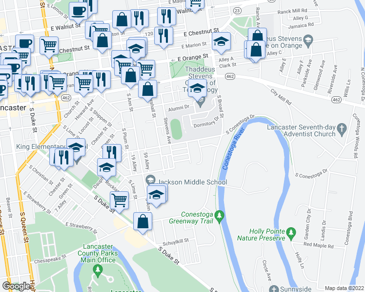 map of restaurants, bars, coffee shops, grocery stores, and more near 650 New Dauphin Street in Lancaster