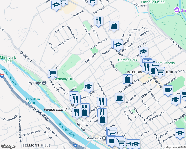 map of restaurants, bars, coffee shops, grocery stores, and more near Fountain St & Silverwood St in Philadelphia