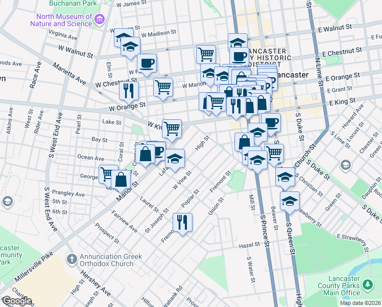 map of restaurants, bars, coffee shops, grocery stores, and more near 470 High Street in Lancaster