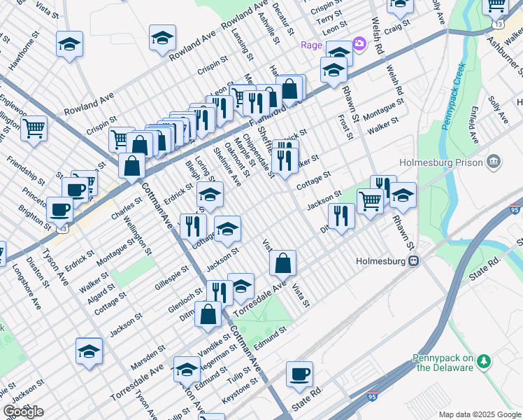 map of restaurants, bars, coffee shops, grocery stores, and more near 4409 Shelmire Avenue in Philadelphia