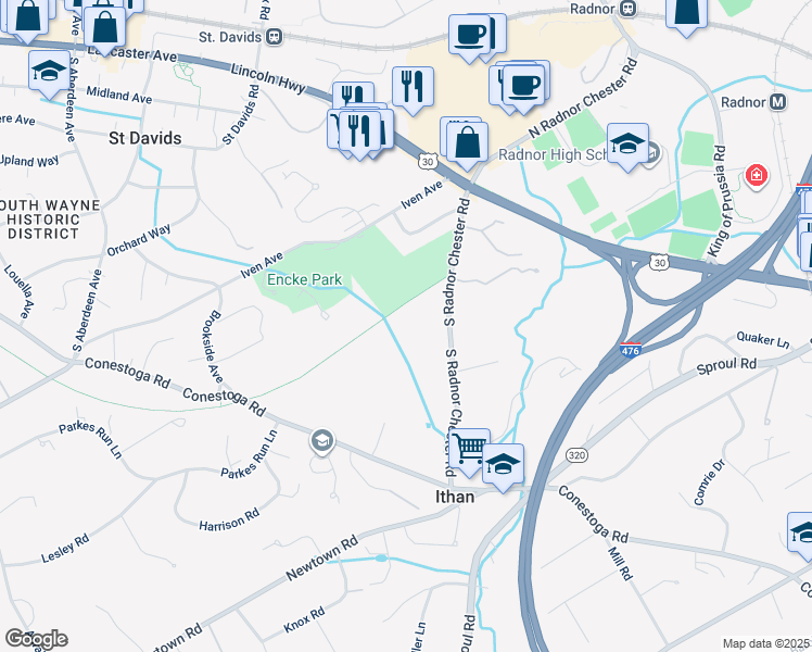 map of restaurants, bars, coffee shops, grocery stores, and more near 206 South Radnor Chester Road in Villanova