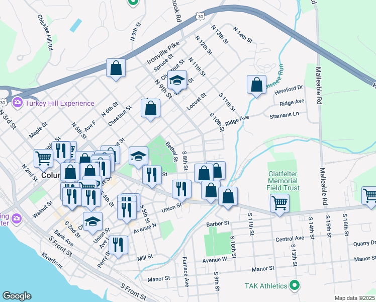 map of restaurants, bars, coffee shops, grocery stores, and more near 121 South 8th Street in Columbia