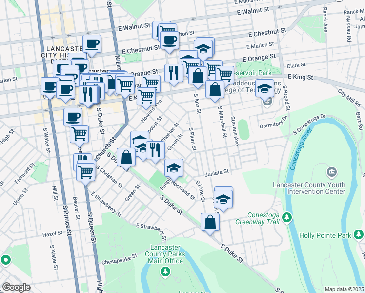 map of restaurants, bars, coffee shops, grocery stores, and more near 548 Pershing Avenue in Lancaster