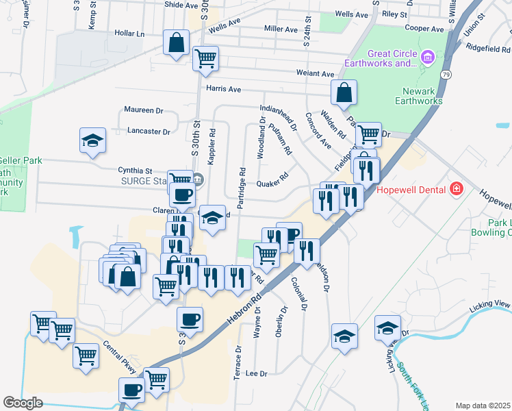 map of restaurants, bars, coffee shops, grocery stores, and more near 150 Custer Road in Heath