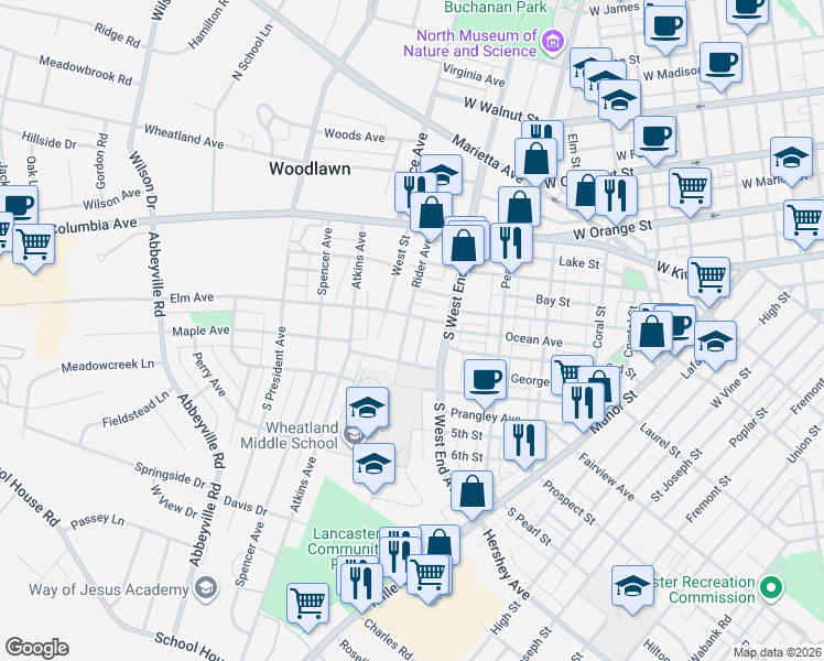 map of restaurants, bars, coffee shops, grocery stores, and more near 321 Rider Avenue in Lancaster