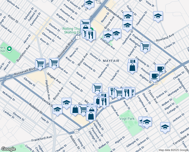 map of restaurants, bars, coffee shops, grocery stores, and more near 3039 Knorr Street in Philadelphia