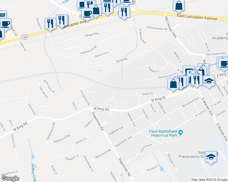map of restaurants, bars, coffee shops, grocery stores, and more near 1199 Charleston Green in Malvern