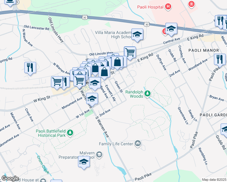 map of restaurants, bars, coffee shops, grocery stores, and more near 152 Church Street in Malvern