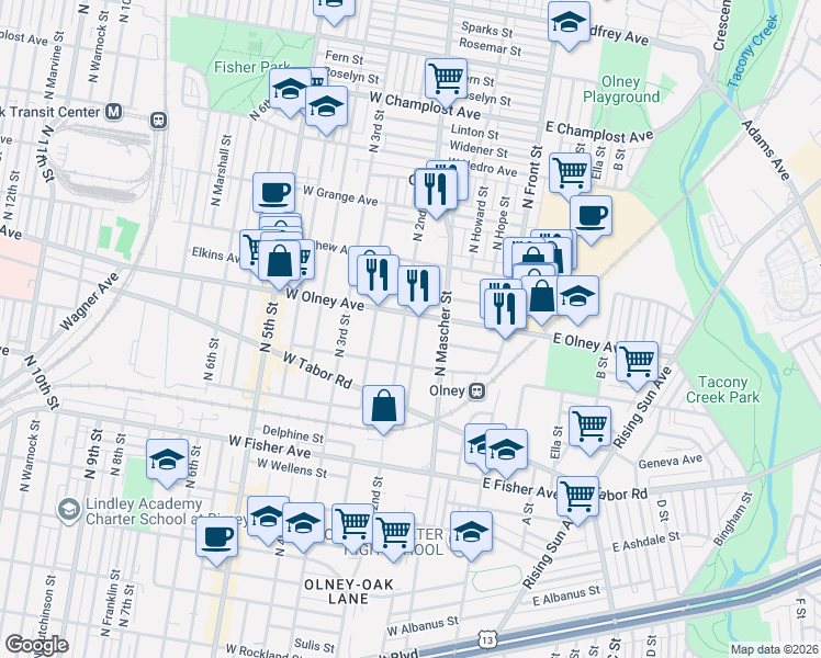 map of restaurants, bars, coffee shops, grocery stores, and more near 5523 North Palethorp Street in Philadelphia