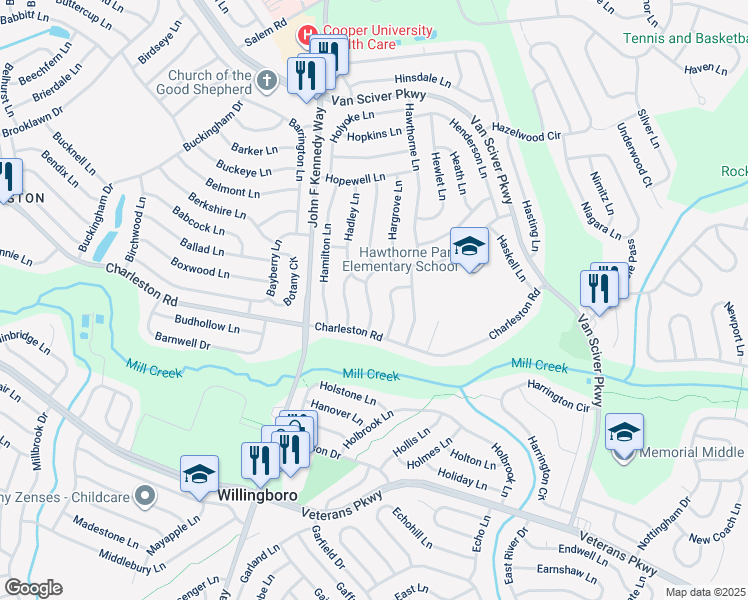 map of restaurants, bars, coffee shops, grocery stores, and more near 16 Hampshire Lane in Willingboro