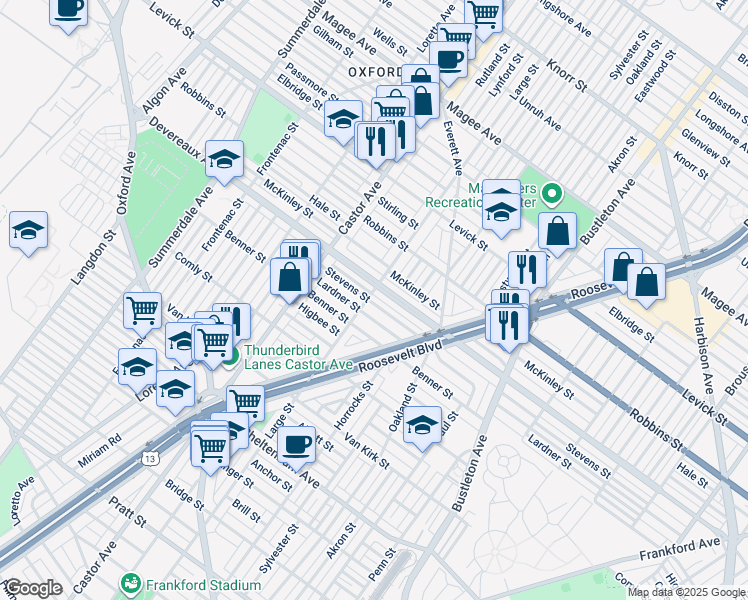 map of restaurants, bars, coffee shops, grocery stores, and more near 1505 Stevens Street in Philadelphia