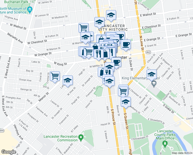 map of restaurants, bars, coffee shops, grocery stores, and more near 122 South Arch Street in Lancaster