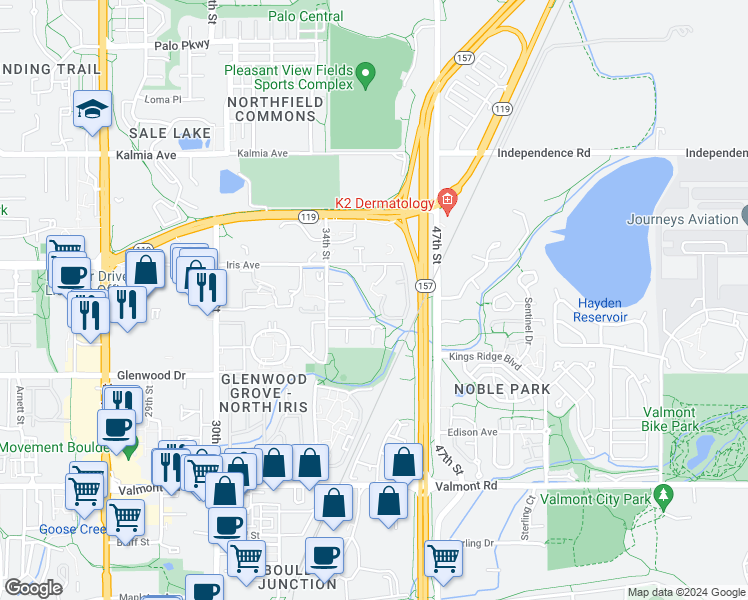 map of restaurants, bars, coffee shops, grocery stores, and more near 3527 Spring Creek Place in Boulder