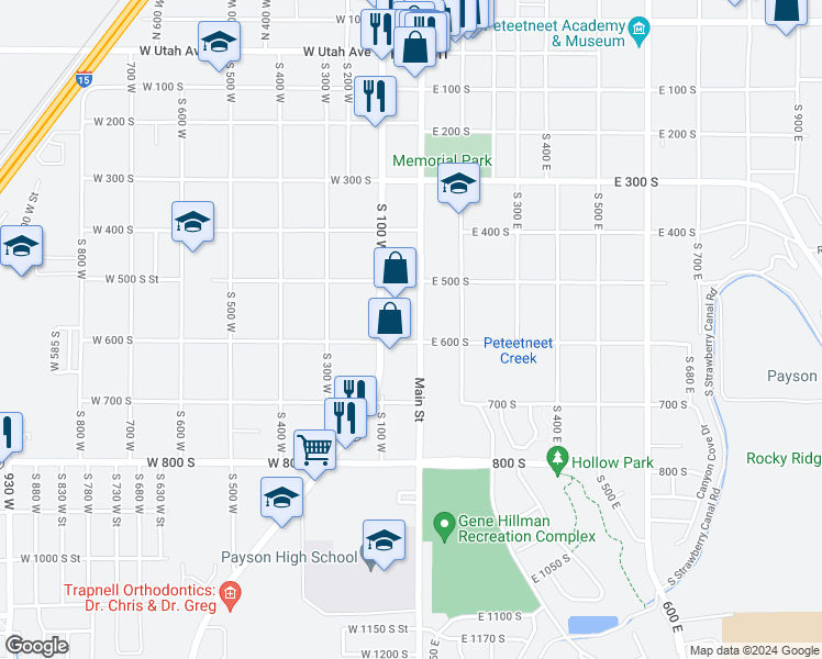 map of restaurants, bars, coffee shops, grocery stores, and more near 589 South Main Street in Payson