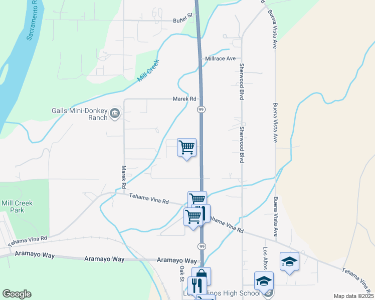 map of restaurants, bars, coffee shops, grocery stores, and more near 8215 Golden State Highway in Los Molinos