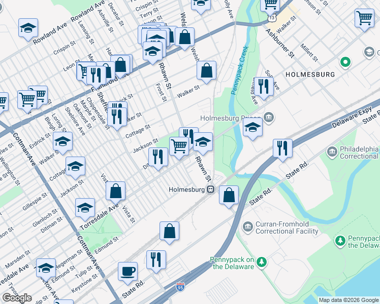 map of restaurants, bars, coffee shops, grocery stores, and more near 4700 Rhawn Street in Philadelphia