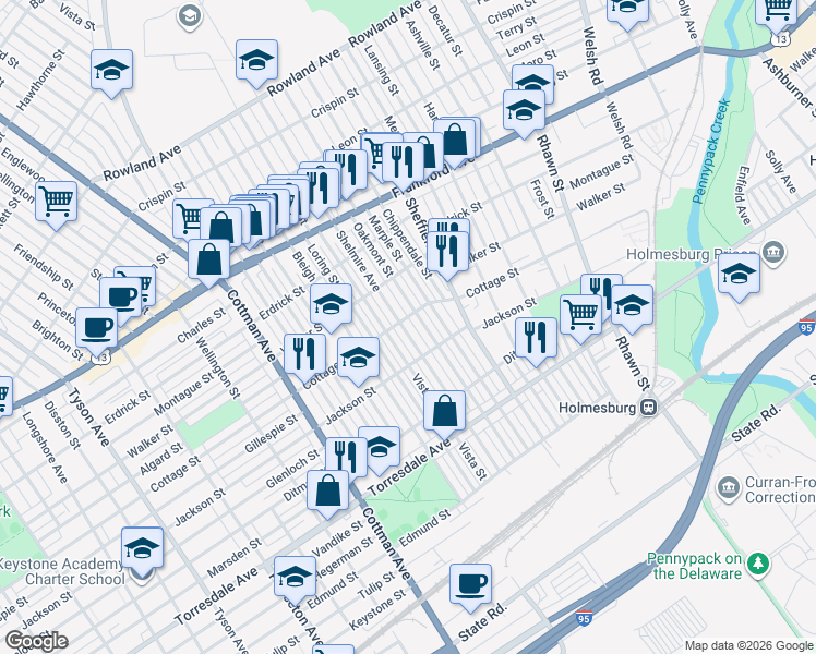 map of restaurants, bars, coffee shops, grocery stores, and more near 4425 Shelmire Avenue in Philadelphia