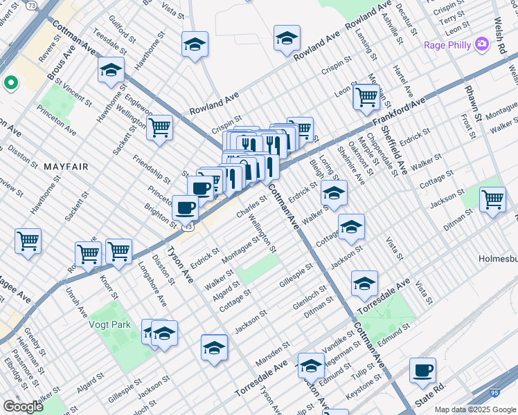 map of restaurants, bars, coffee shops, grocery stores, and more near 7226 Erdrick Street in Philadelphia