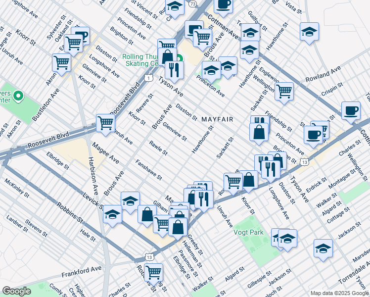 map of restaurants, bars, coffee shops, grocery stores, and more near 3039 Knorr Street in Philadelphia