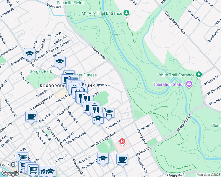 map of restaurants, bars, coffee shops, grocery stores, and more near 624 Green Lane in Philadelphia