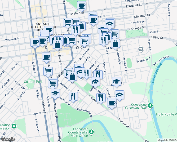 map of restaurants, bars, coffee shops, grocery stores, and more near 130 Green Street in Lancaster
