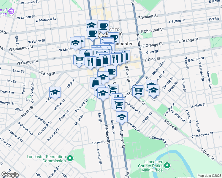 map of restaurants, bars, coffee shops, grocery stores, and more near 37 West Farnum Street in Lancaster