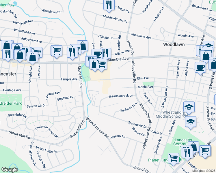 map of restaurants, bars, coffee shops, grocery stores, and more near 1380 Elm Avenue in Lancaster