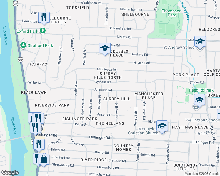 map of restaurants, bars, coffee shops, grocery stores, and more near 2387 Johnston Road in Columbus