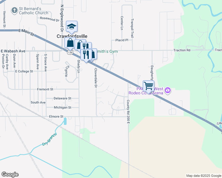 map of restaurants, bars, coffee shops, grocery stores, and more near 2025 Clover Drive in Crawfordsville