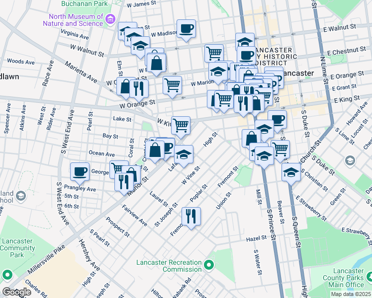 map of restaurants, bars, coffee shops, grocery stores, and more near 519 Lafayette Street in Lancaster