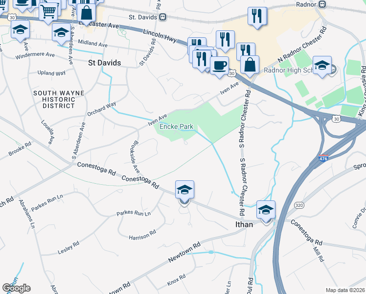 map of restaurants, bars, coffee shops, grocery stores, and more near 313 Creek Drive in Saint Davids