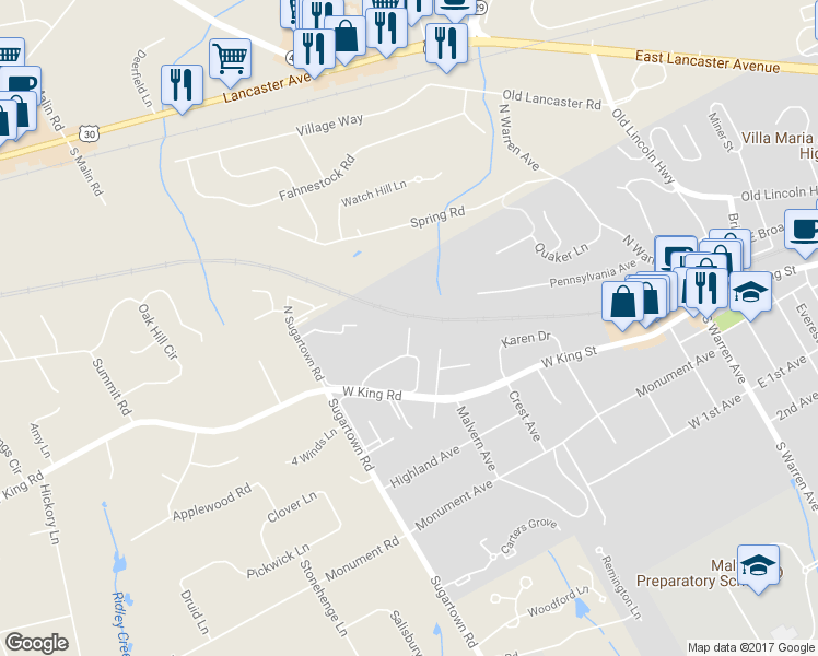 map of restaurants, bars, coffee shops, grocery stores, and more near 303 Charleston Green in Malvern