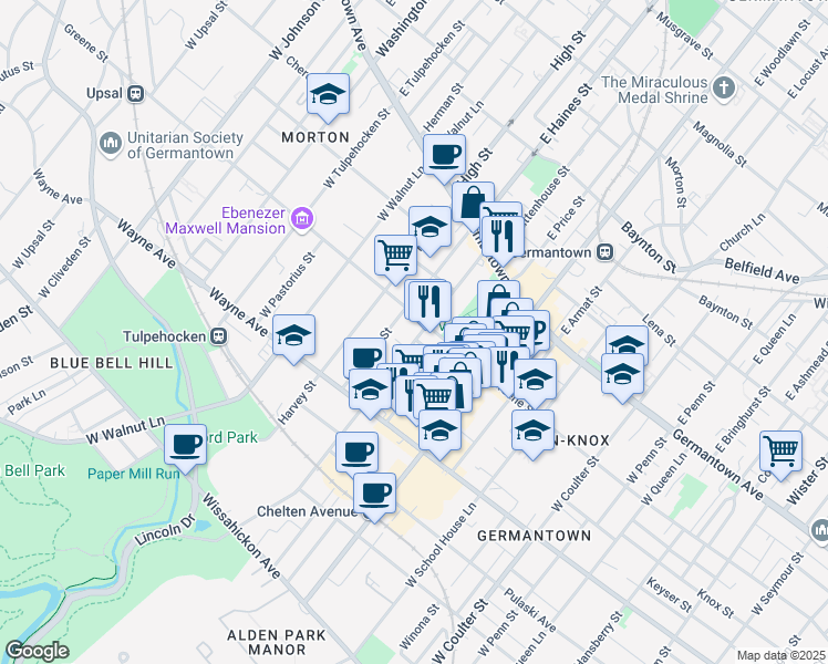 map of restaurants, bars, coffee shops, grocery stores, and more near 244 West Haines Street in Philadelphia