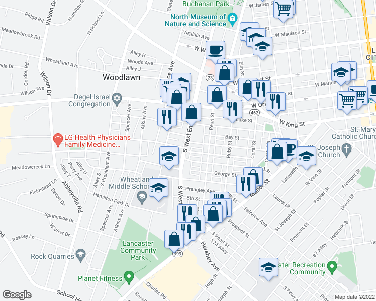 map of restaurants, bars, coffee shops, grocery stores, and more near 316 South West End Avenue in Lancaster