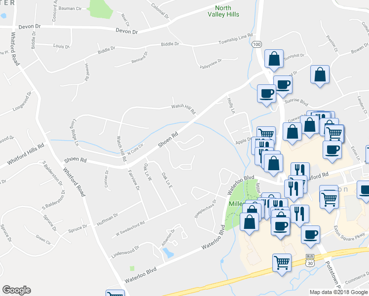 map of restaurants, bars, coffee shops, grocery stores, and more near 293 Fox Run in Exton