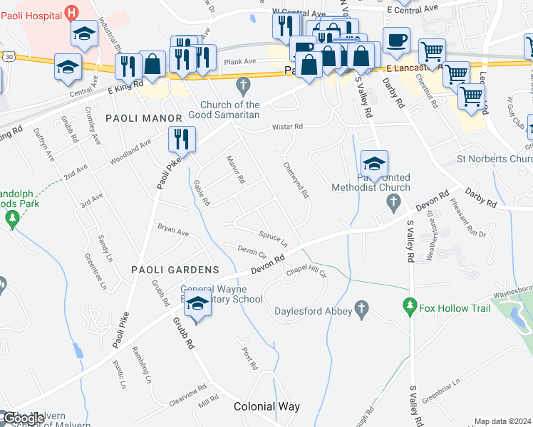 map of restaurants, bars, coffee shops, grocery stores, and more near 100 Pine Tree Road in Paoli