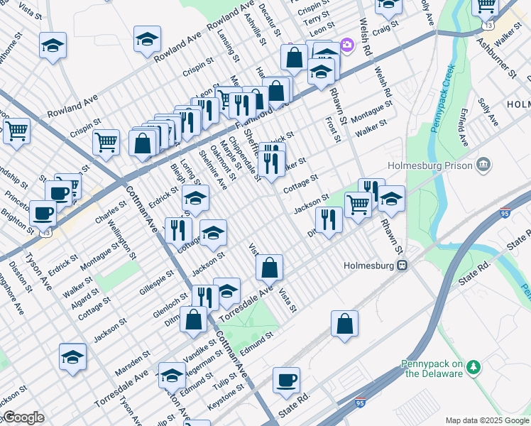 map of restaurants, bars, coffee shops, grocery stores, and more near 4428 Marple Street in Philadelphia