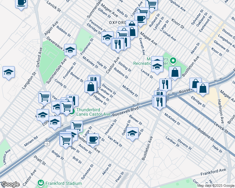 map of restaurants, bars, coffee shops, grocery stores, and more near 1505 Stevens Street in Philadelphia