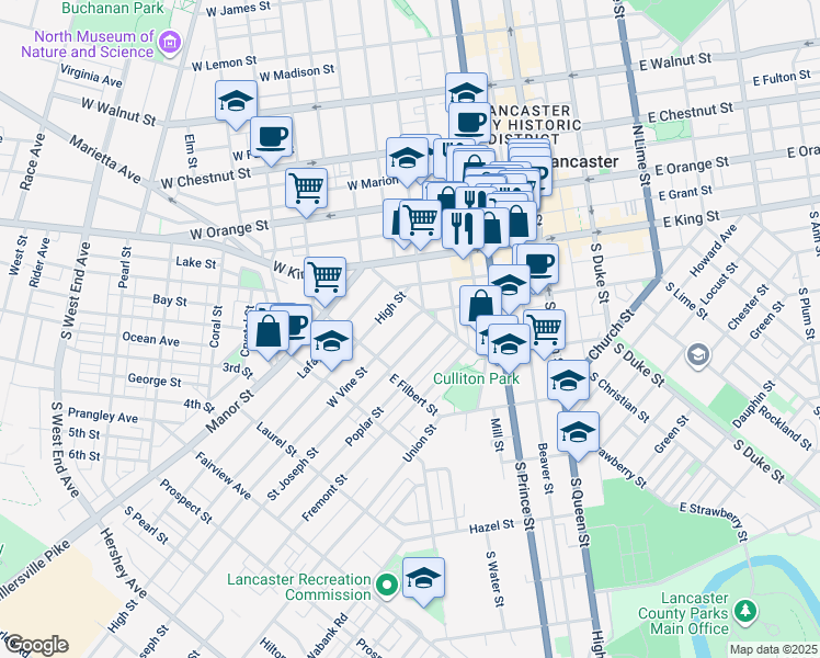 map of restaurants, bars, coffee shops, grocery stores, and more near 420 West Vine Street in Lancaster