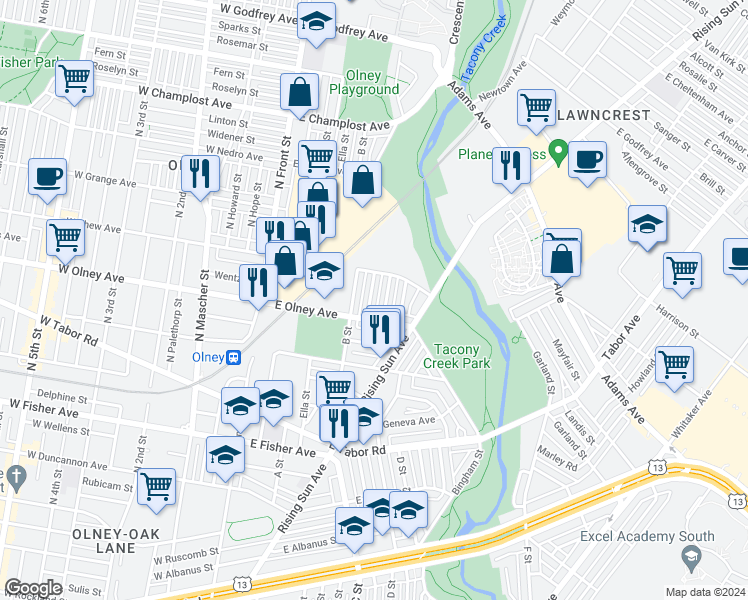 map of restaurants, bars, coffee shops, grocery stores, and more near 5623 Ormes Street in Philadelphia